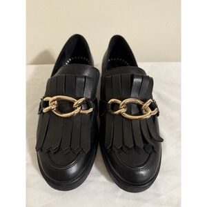 Antonio Melani Elegant Black Loafers with Gold Chain Accent